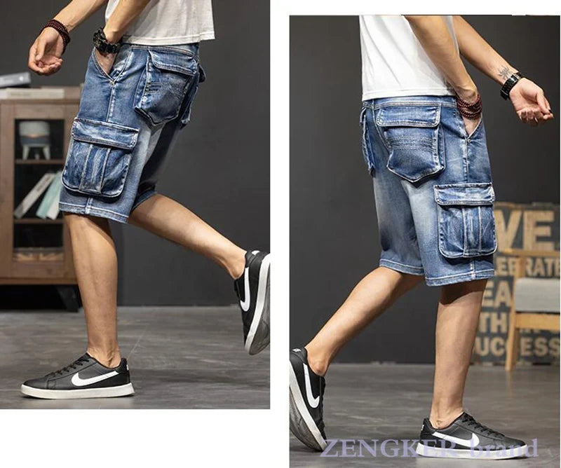 Multi-pocket tooling five-point denim shorts male loose large size cropped breeches plus size summer thin section streetwear