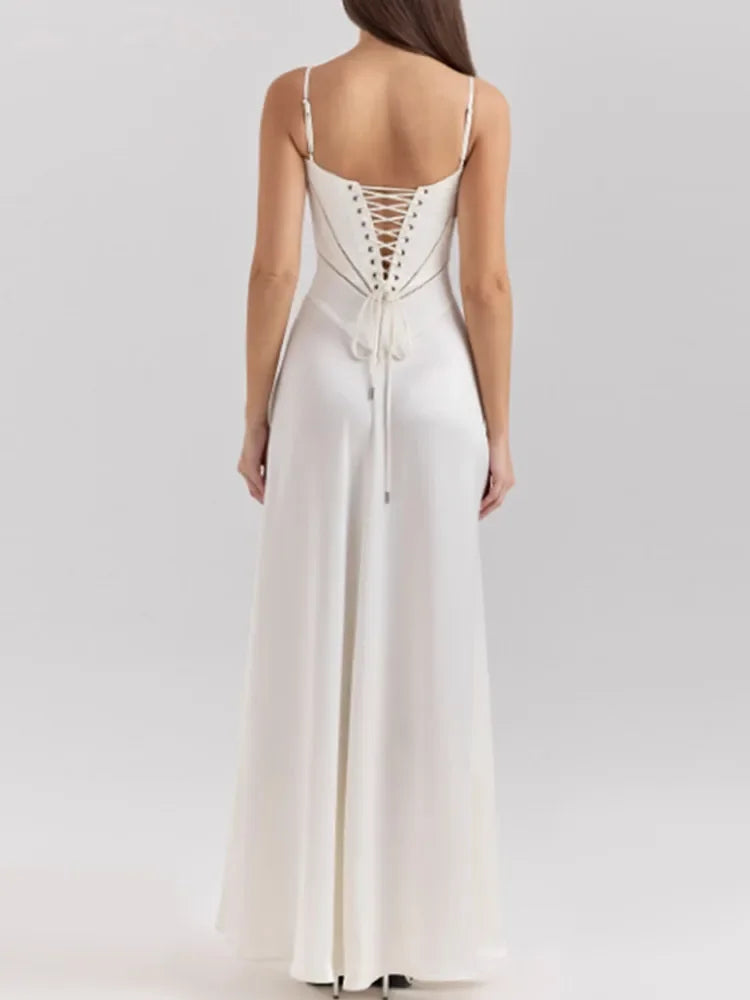 Robe longue en satin sexy à lacets et dos nu pour femme