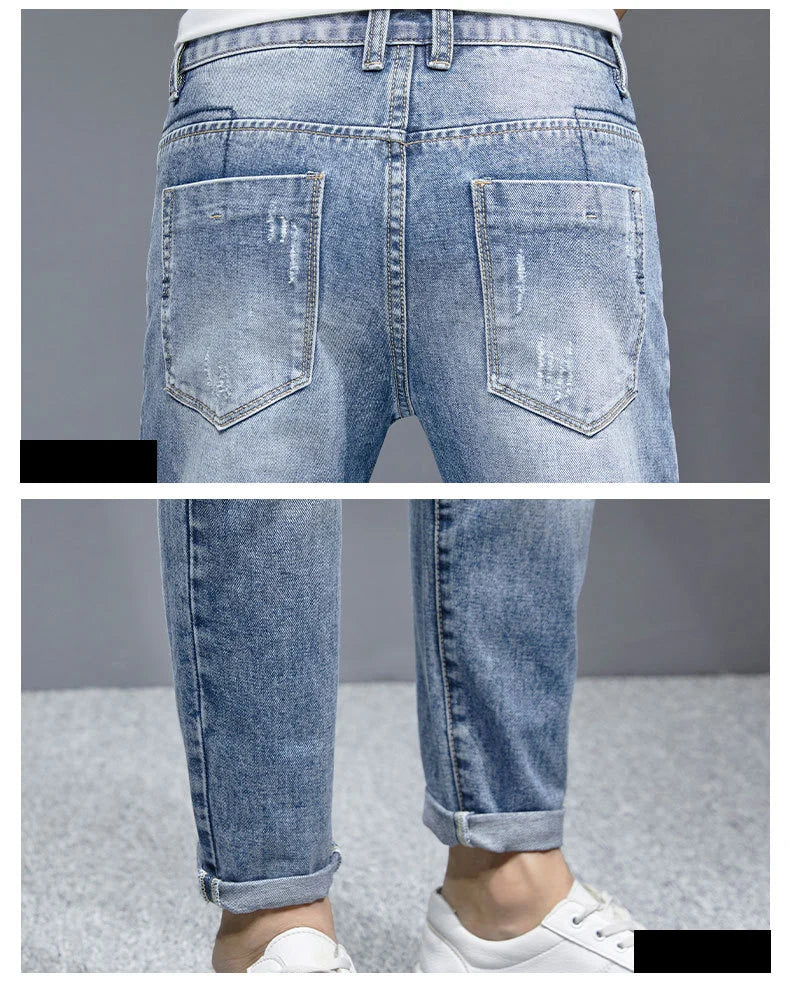 TFETTERS 2025 Spring Summer Men Ripped Jeans Cropped Mid Rise Stretch Hip Hop Punk Pencil Pants Streetwear Party Men Clothing