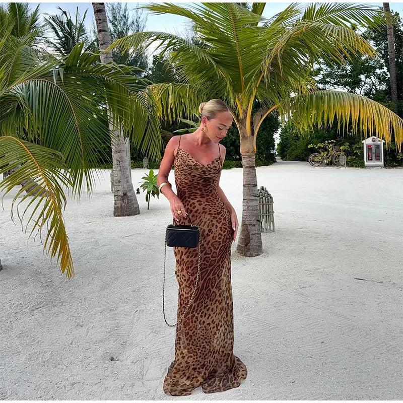 Robe sexy à imprimé léopard, sans manches, dos nu, coupe ajustée, style queue de poisson