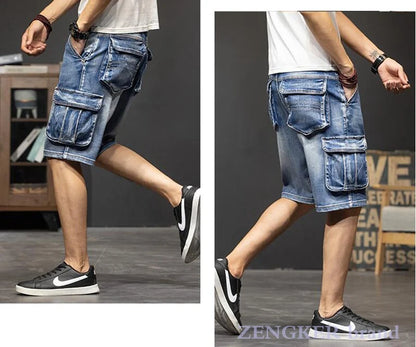 Multi-pocket tooling five-point denim shorts male loose large size cropped breeches plus size summer thin section streetwear