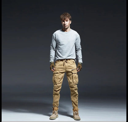 Ankle Length Jogging Pants Men Denim Cotton Pockets Elastic Waist Cargo Pants Men 2020 Winter Thick Tactical Pants