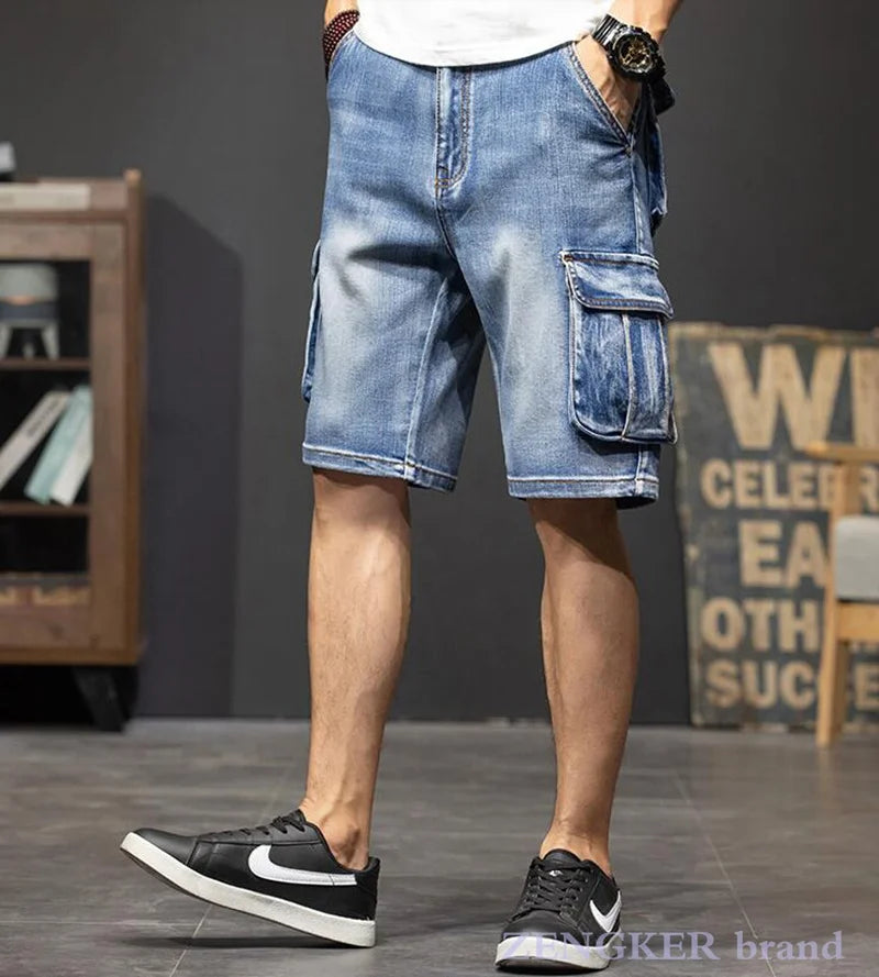 Multi-pocket tooling five-point denim shorts male loose large size cropped breeches plus size summer thin section streetwear