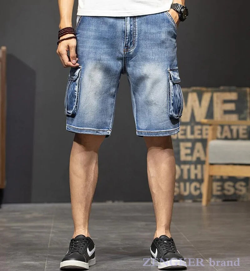 Short en jean multi-poches à cinq points pour homme