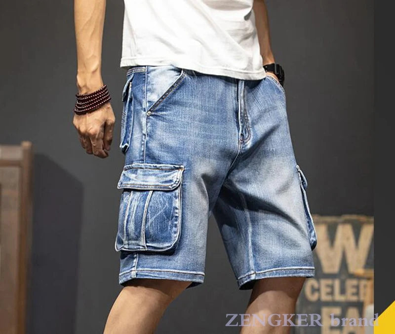 Multi-pocket tooling five-point denim shorts male loose large size cropped breeches plus size summer thin section streetwear