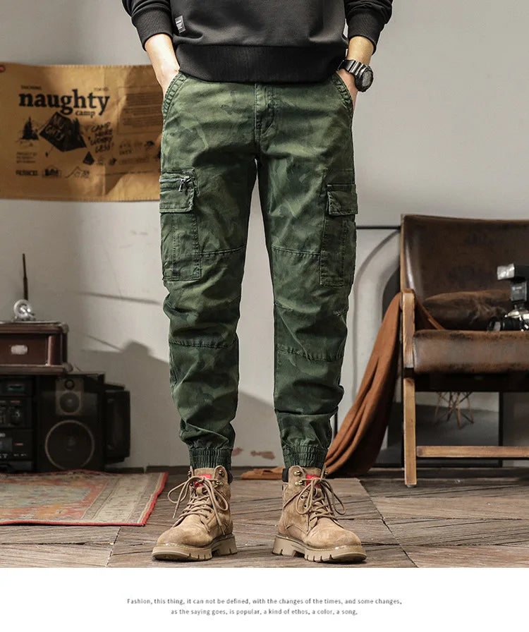 Side Pockets Zipper Mens Jogger Camouflage Multi Pocket Work Cargo Pants Black Green  Jogginghosen Denim Trousers Male Safari