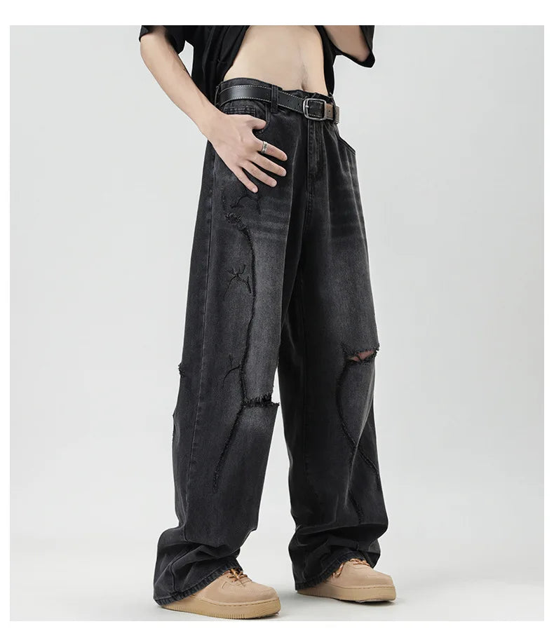 TFETTERS 2025 Summer New Ripped Jeans Men Vintage Mid Rise Straight Leg Designer Jeans Fashion Hip Hop Streetwear Men Clothing