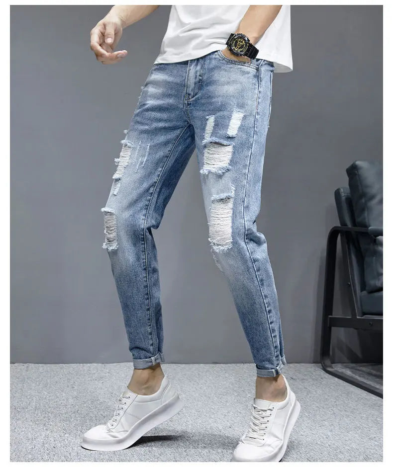 TFETTERS 2025 Spring Summer Men Ripped Jeans Cropped Mid Rise Stretch Hip Hop Punk Pencil Pants Streetwear Party Men Clothing
