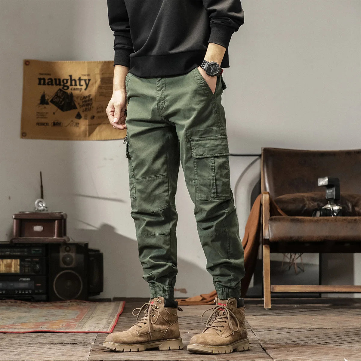 Side Pockets Zipper Mens Jogger Camouflage Multi Pocket Work Cargo Pants Black Green  Jogginghosen Denim Trousers Male Safari