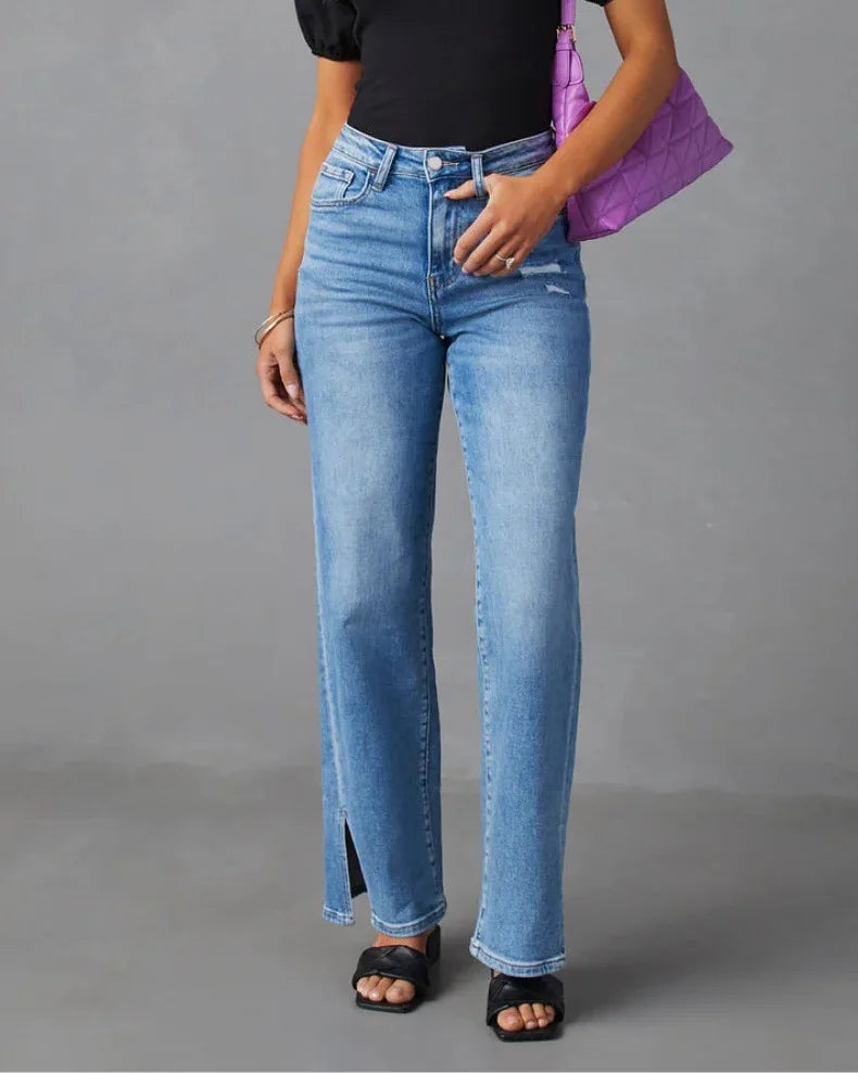 Pantalon en jean pour femme,  larges,  long et taille haute