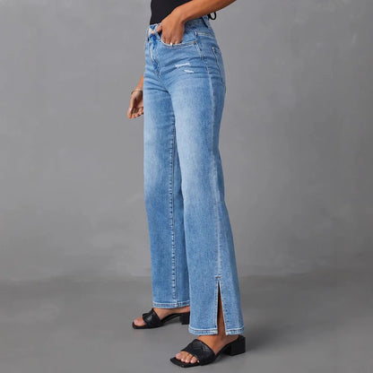 Pantalon en jean pour femme,  larges,  long et taille haute