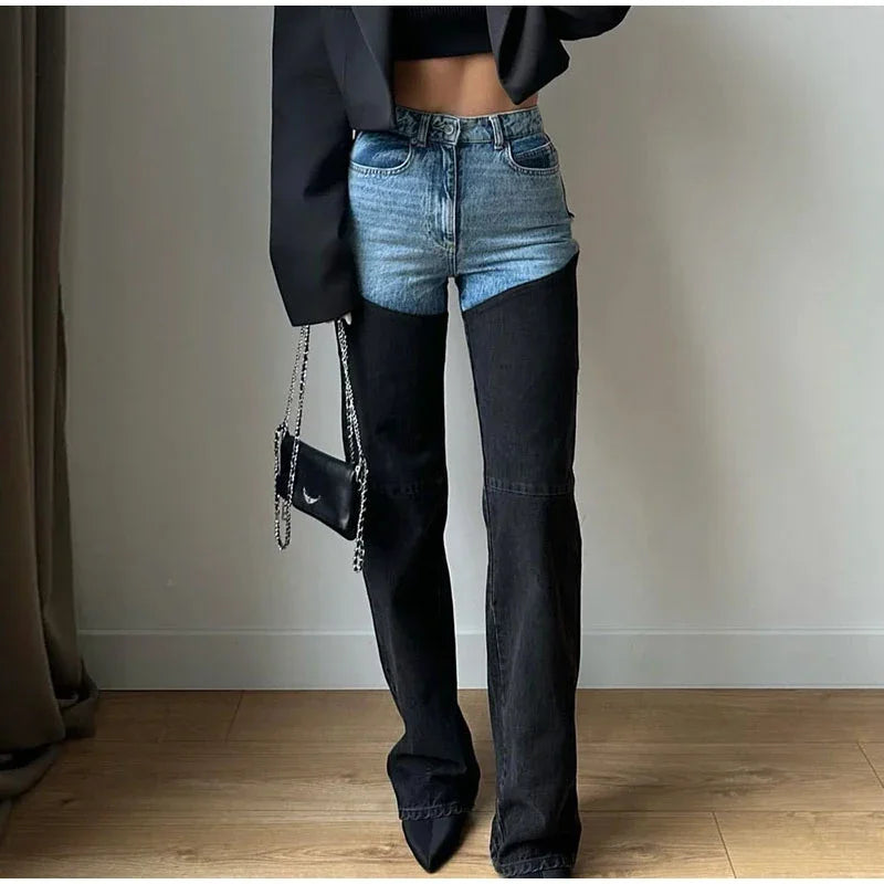 Mode Y2k Patchwork Jeans für Frauen Reißverschlüsse Knopftasche Highwaist Straight Denim Hosen 2025 Frühling Sommer Street Hose