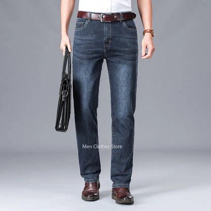 2024 Brand Thin or Thick Material Men's Elastic Cotton Jeans Fashion Gray Comfortable Denim Business Casual High Waist Pants