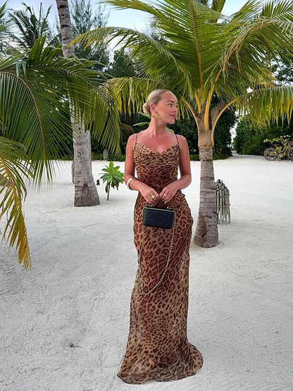 Robe sexy à imprimé léopard, sans manches, dos nu, coupe ajustée, style queue de poisson