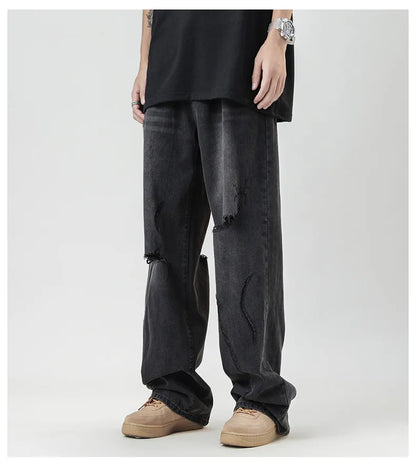 TFETTERS 2025 Summer New Ripped Jeans Men Vintage Mid Rise Straight Leg Designer Jeans Fashion Hip Hop Streetwear Men Clothing