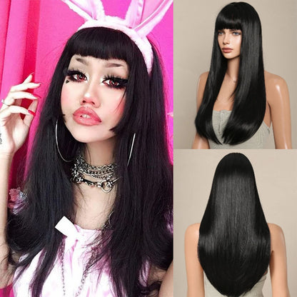 Perruques synthétiques longues et lisses noires et violettes ombrées pour femmes