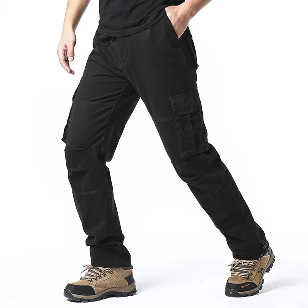 2025 100% Cotton Cargo Pants Men Solid Color Large Pocket Loose Overalls Elastic Waist Casual Trousers Military Tacticl Pants
