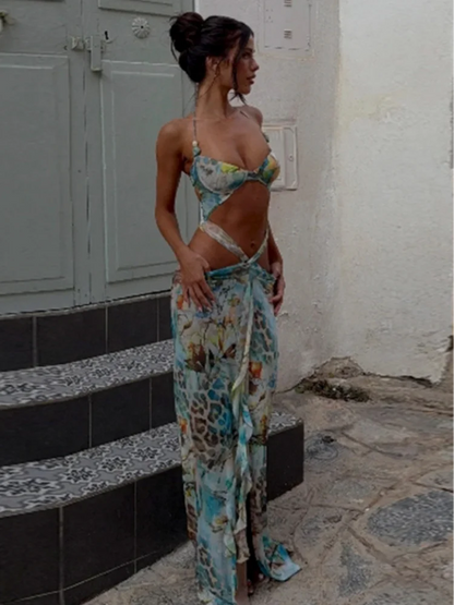 Robe longue ajourée à imprimé floral pour femme