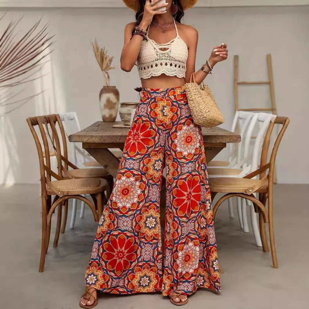 Pantalon rouge de style ethnique, taille haute