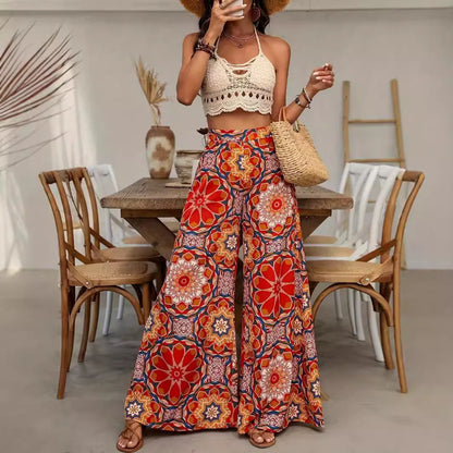 Pantalon rouge de style ethnique, taille haute