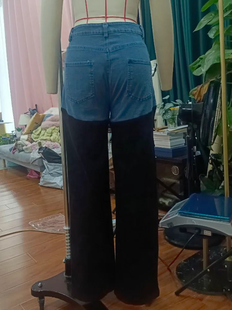 Mode Y2k Patchwork Jeans für Frauen Reißverschlüsse Knopftasche Highwaist Straight Denim Hosen 2025 Frühling Sommer Street Hose