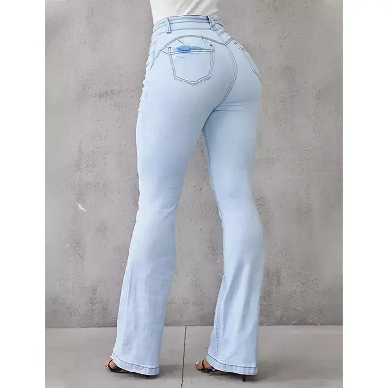 Pantalon évasé en denim pour femme, capri, taille haute