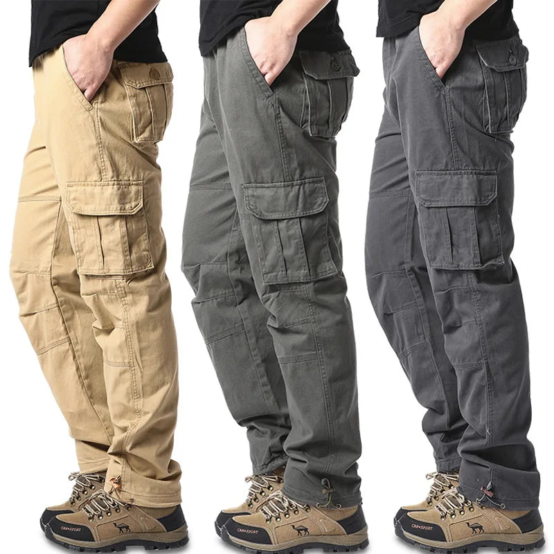 2025 100% Cotton Cargo Pants Men Solid Color Large Pocket Loose Overalls Elastic Waist Casual Trousers Military Tacticl Pants