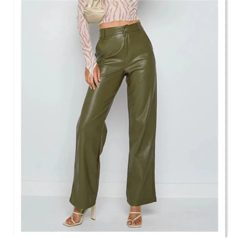 Pantalon en cuir PU taille haute, élégant et uni, style urbain