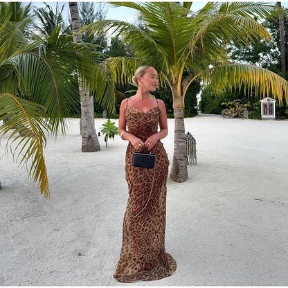 Robe sexy à imprimé léopard, sans manches, dos nu, coupe ajustée, style queue de poisson