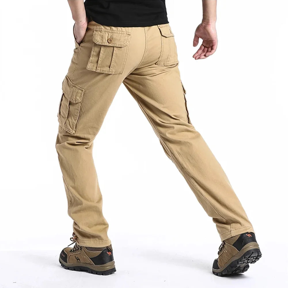 2025 100% Cotton Cargo Pants Men Solid Color Large Pocket Loose Overalls Elastic Waist Casual Trousers Military Tacticl Pants