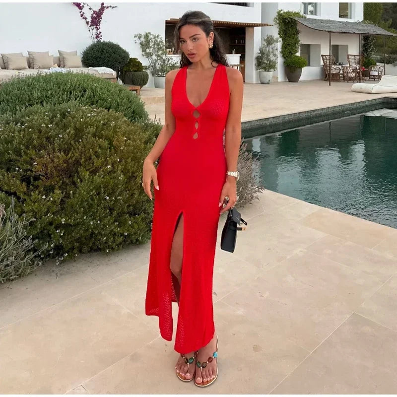 Robe longue d'été en tricot ajouré pour femme