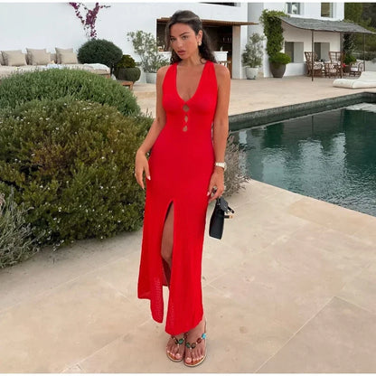 Robe longue d'été en tricot ajouré pour femme