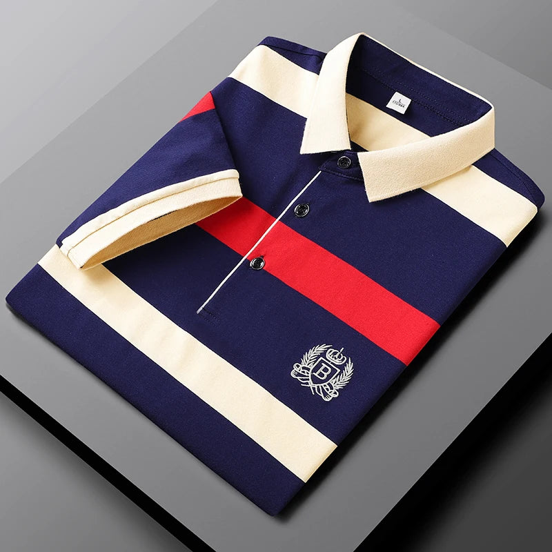 Polo d'été classique à rayures pour homme, en coton, à manches courtes, brodé, décontracté