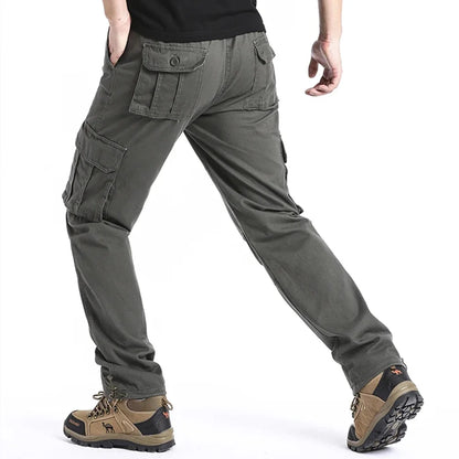 2025 100% Cotton Cargo Pants Men Solid Color Large Pocket Loose Overalls Elastic Waist Casual Trousers Military Tacticl Pants