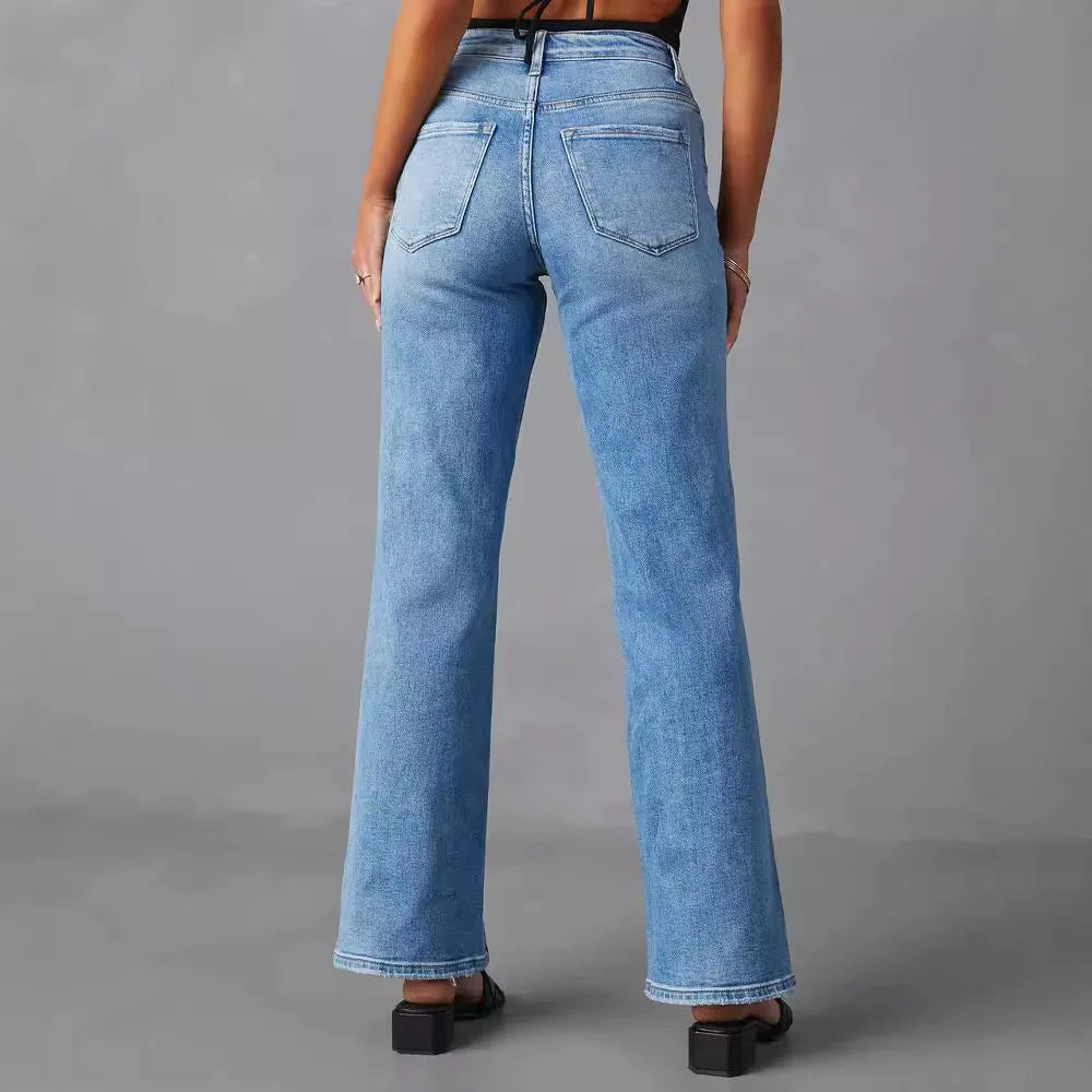 Pantalon en jean pour femme,  larges,  long et taille haute