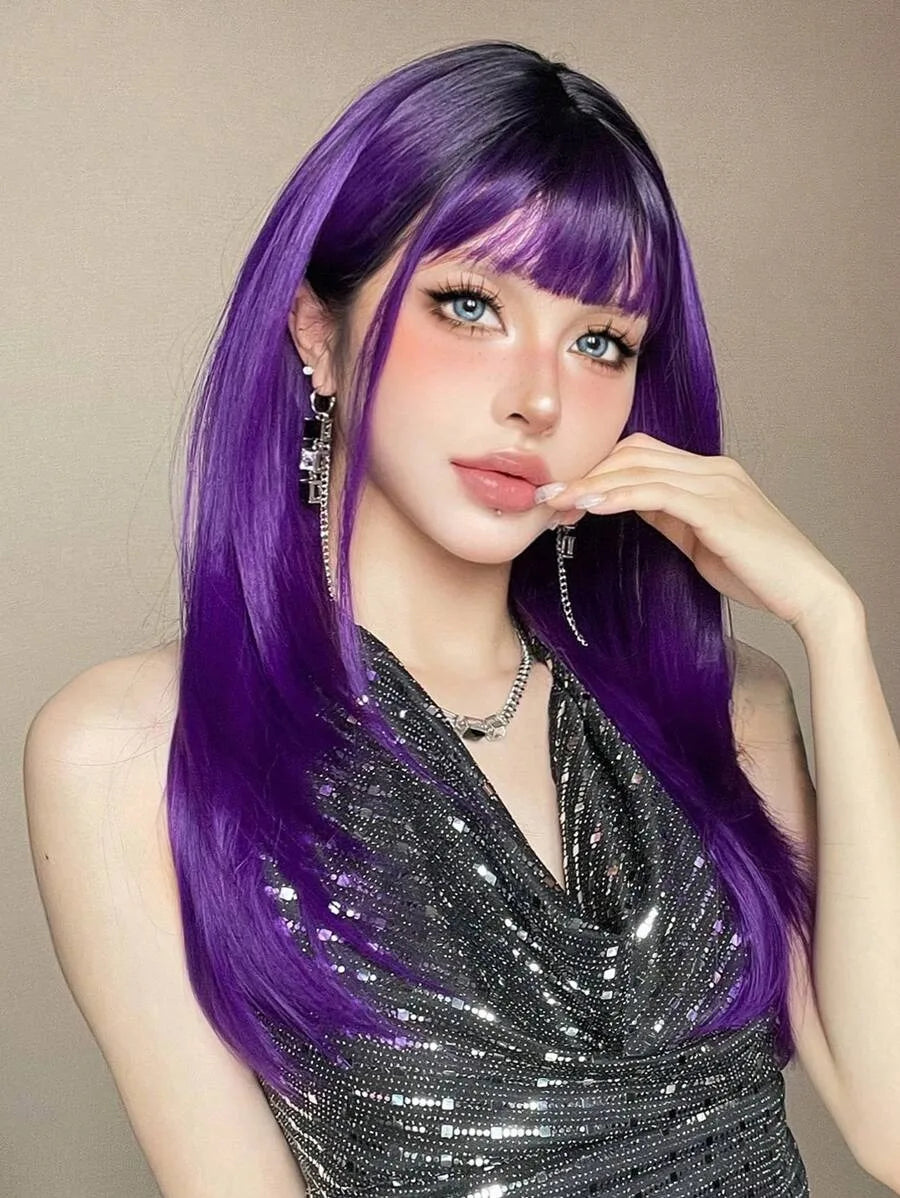 Perruques synthétiques longues et lisses noires et violettes ombrées pour femmes
