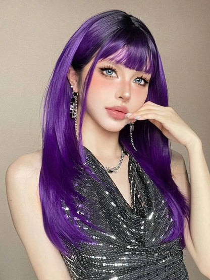 Perruques synthétiques longues et lisses noires et violettes ombrées pour femmes