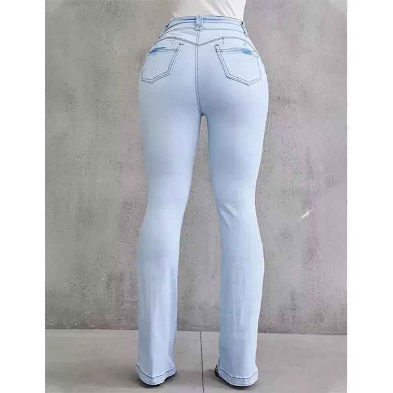Pantalon évasé en denim pour femme, capri, taille haute