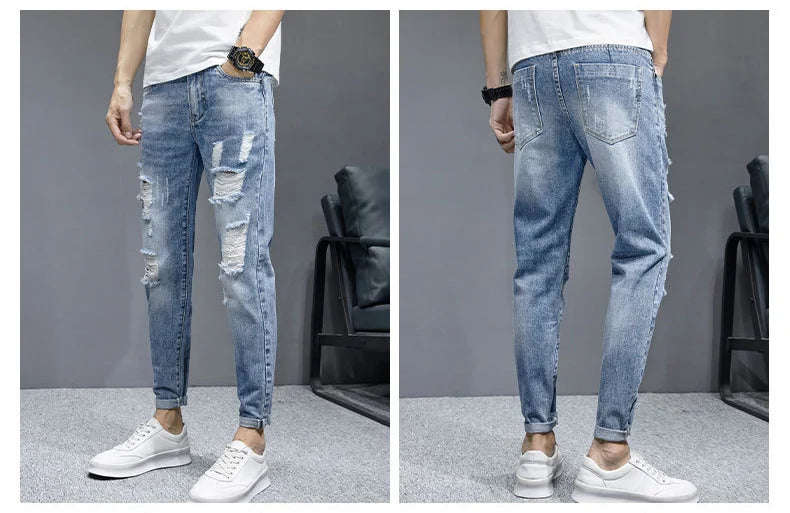 TFETTERS 2025 Spring Summer Men Ripped Jeans Cropped Mid Rise Stretch Hip Hop Punk Pencil Pants Streetwear Party Men Clothing