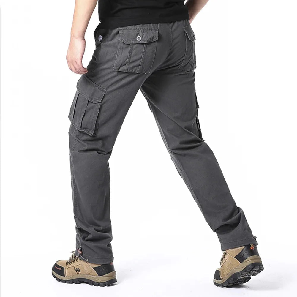 2025 100% Cotton Cargo Pants Men Solid Color Large Pocket Loose Overalls Elastic Waist Casual Trousers Military Tacticl Pants