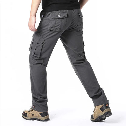 2025 100% Cotton Cargo Pants Men Solid Color Large Pocket Loose Overalls Elastic Waist Casual Trousers Military Tacticl Pants