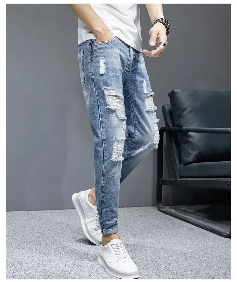 TFETTERS 2025 Spring Summer Men Ripped Jeans Cropped Mid Rise Stretch Hip Hop Punk Pencil Pants Streetwear Party Men Clothing