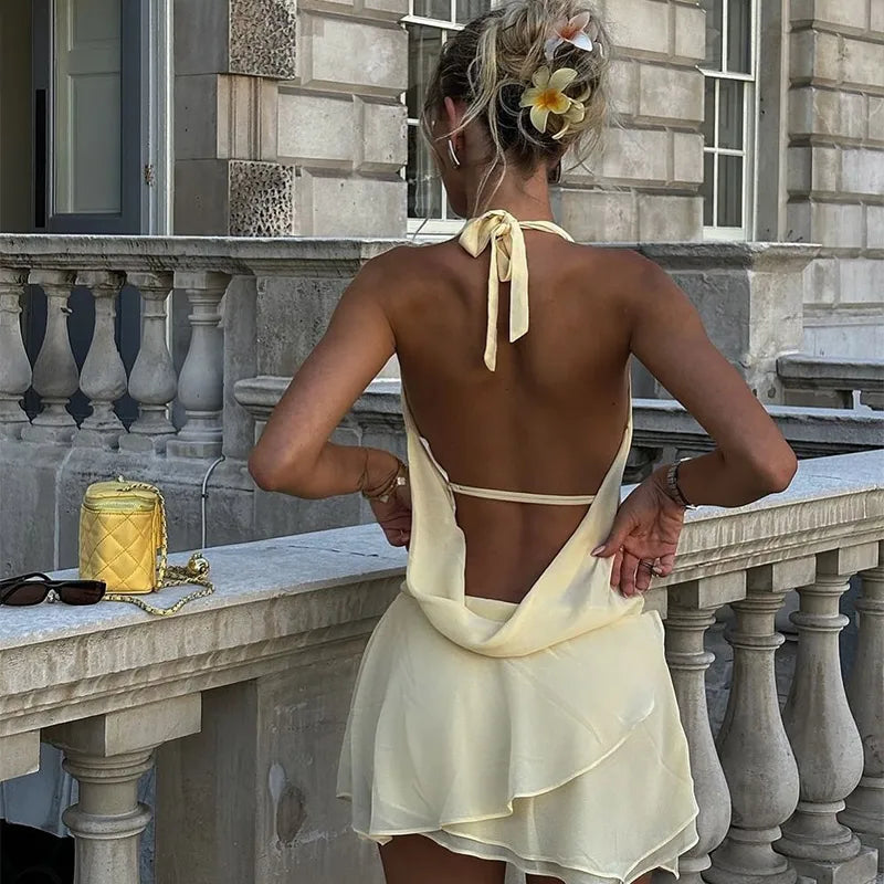 Robe courte sexy dos nu pour femme, couleur unie, sans manches, plissée, en mousseline de soie