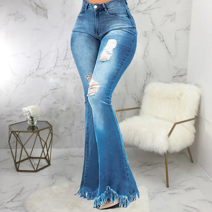 Jeans Women Long Pants Flare Pant Slim Fit Bodycon Y2k Streetwear Casual Elegant Splice Denim Trousers Solid Hole High Waist