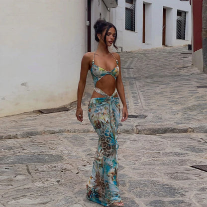 Robe longue ajourée à imprimé floral pour femme