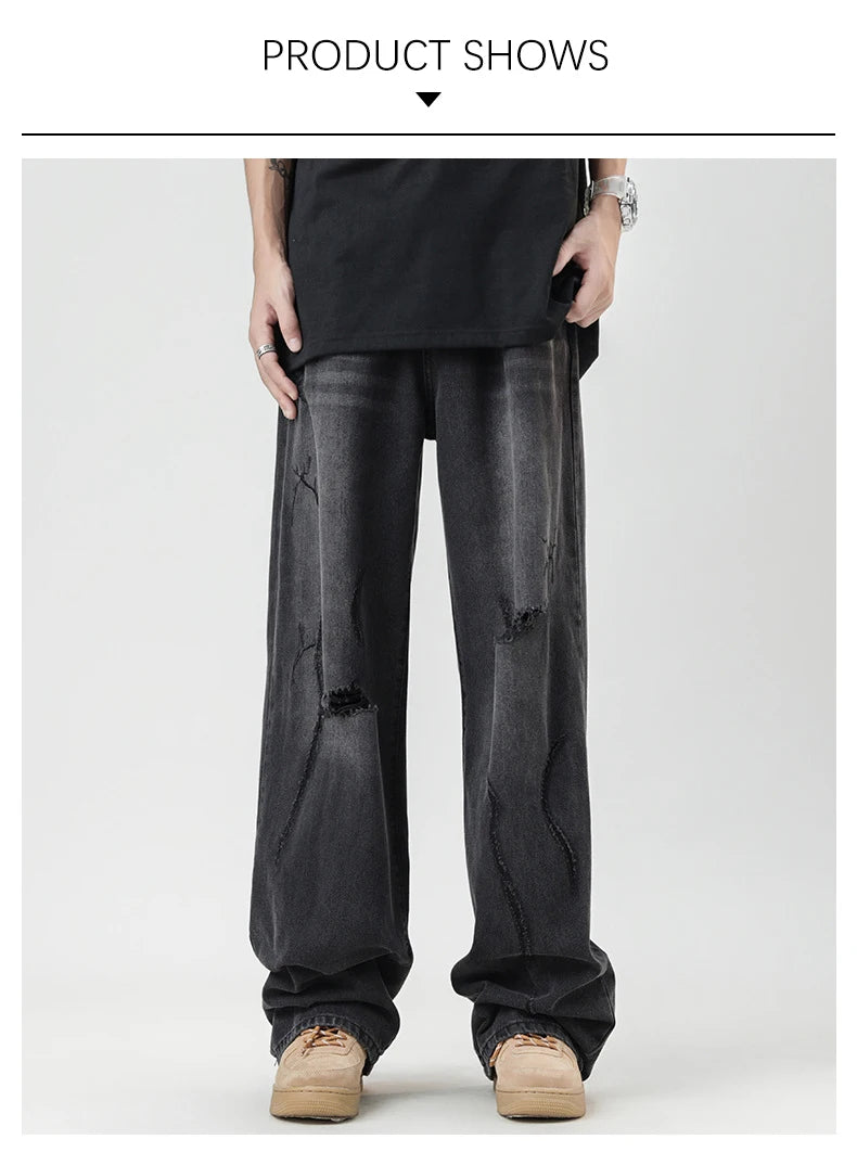 TFETTERS 2025 Summer New Ripped Jeans Men Vintage Mid Rise Straight Leg Designer Jeans Fashion Hip Hop Streetwear Men Clothing