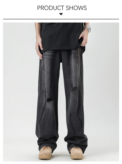 TFETTERS 2025 Summer New Ripped Jeans Men Vintage Mid Rise Straight Leg Designer Jeans Fashion Hip Hop Streetwear Men Clothing