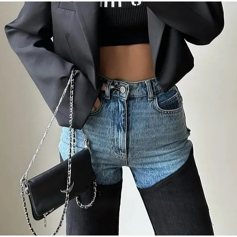Mode Y2k Patchwork Jeans für Frauen Reißverschlüsse Knopftasche Highwaist Straight Denim Hosen 2025 Frühling Sommer Street Hose