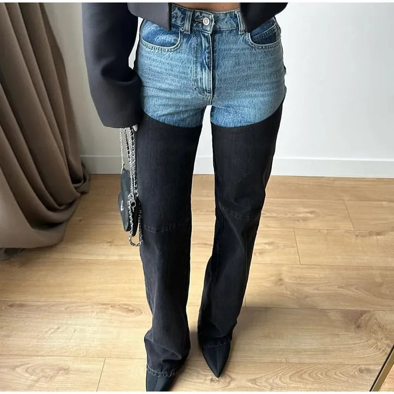 Mode Y2k Patchwork Jeans für Frauen Reißverschlüsse Knopftasche Highwaist Straight Denim Hosen 2025 Frühling Sommer Street Hose