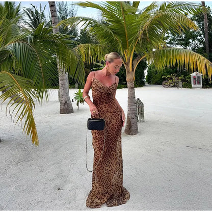 Robe sexy à imprimé léopard, sans manches, dos nu, coupe ajustée, style queue de poisson